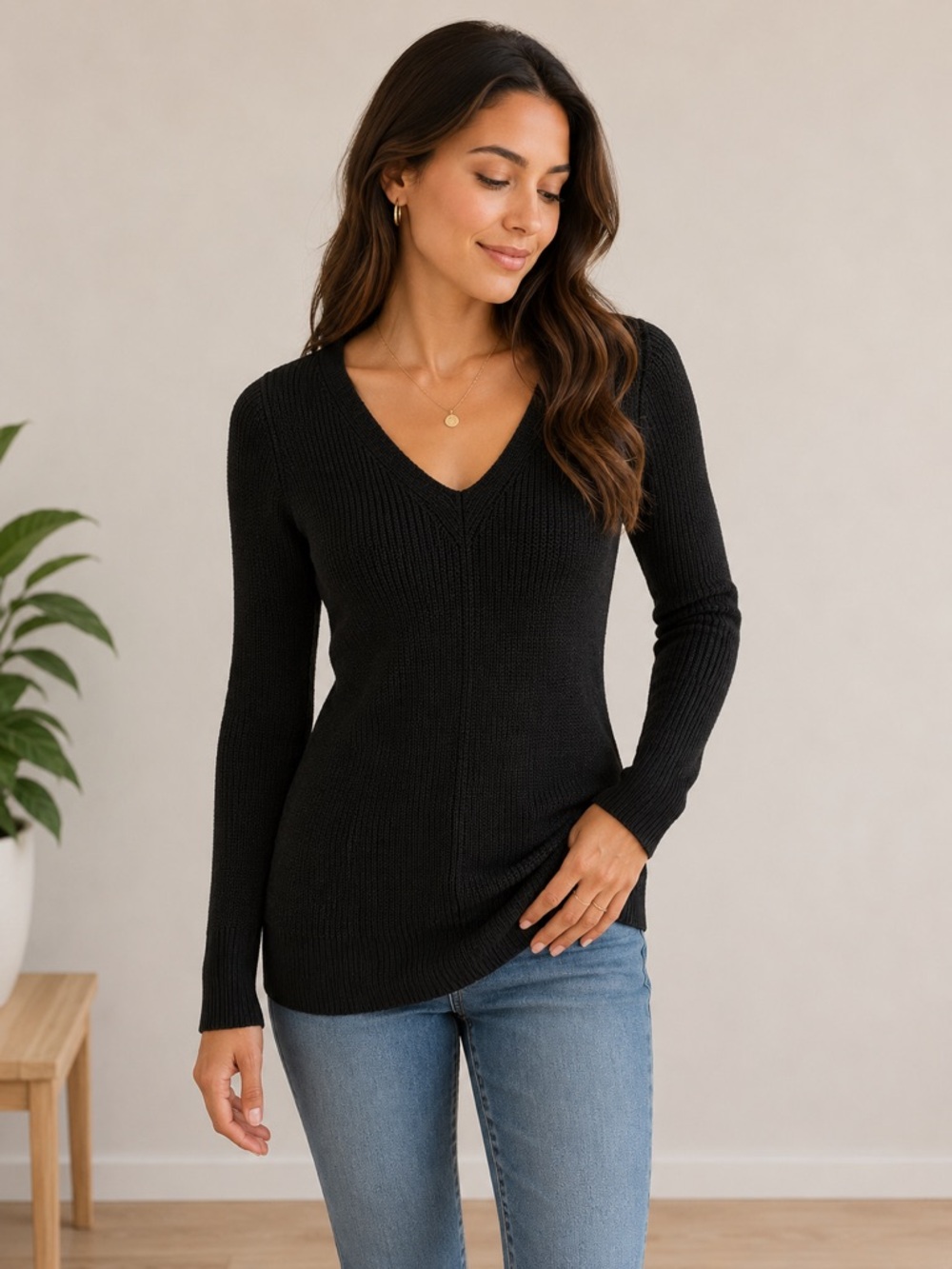 Old Navy Black Ribbed V-Neck Knit Dress